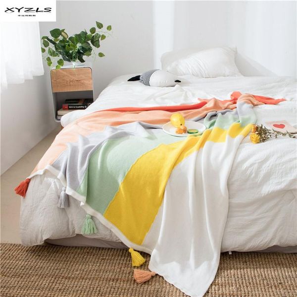 

colorful knit rainbow blanket cute throw blanket sofa cozy cotton tassel thread blankets for bed couch