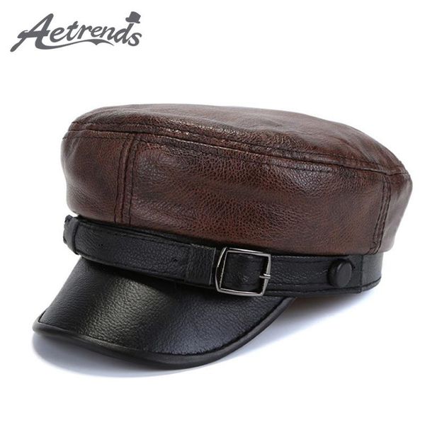 

wide brim hats [aetrends] winter 100% leather for men flat cap dad hat genuine army sailor caps z-6717, Blue;gray