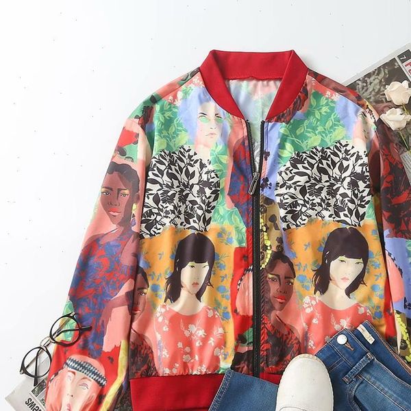 

2021 women vintage stand collar beauty picture print casual jacket ladies long sleeve retro outwear coat chic ct527, Black;brown