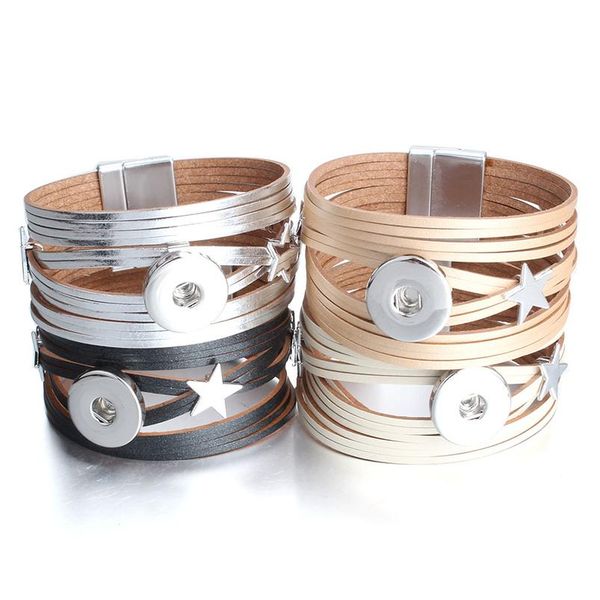 

new snap jewelry star charm leather snap button bracelet bangle bohemian wide cuff bracelet for men wom bbysmf, Golden;silver