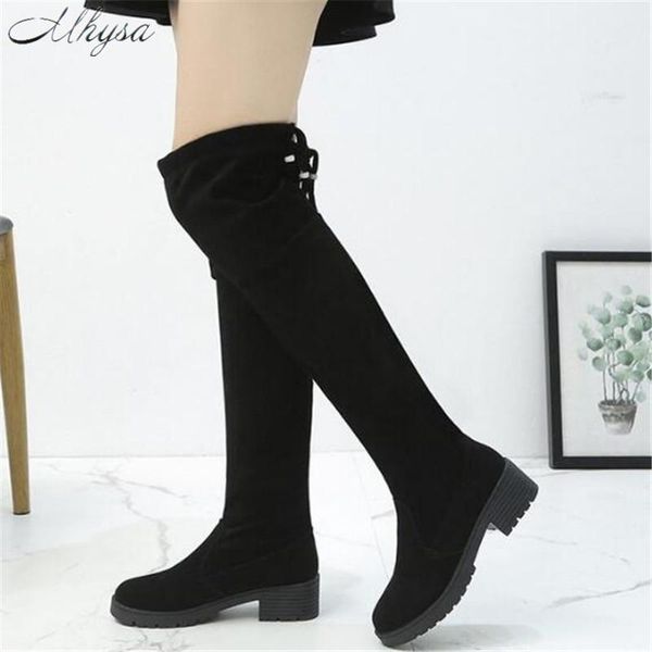 

2020 new winter women's boots fashion women's over the knee boots women stretch fabric warm back lace up zapatos de mujer, Black