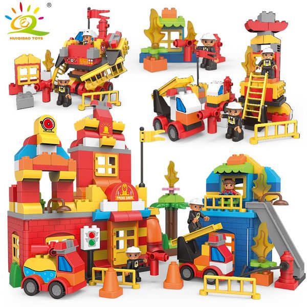 

huiqibao diy big bricks fire station truck car with figures building blocks duploed city firefighter toys for children sqcqnj pingtoy
