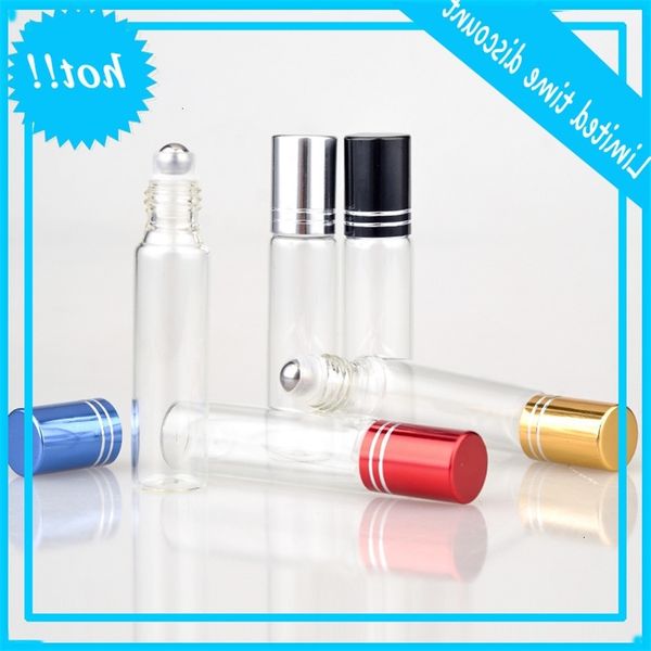 

10ml clear on essential oil 10cc roll bottle with stainless steel metal roller ball aluminum cap fragrance perfume 5 colors
