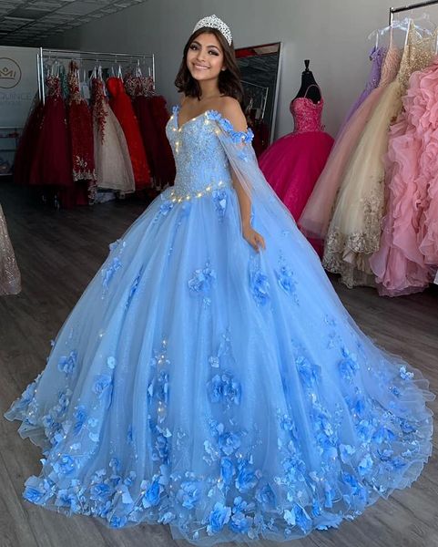 Strap Hellblau Quinceanera Kleider 2022 für Sweet 15 Party Mode 3D Blume Spitze Applikation Luxus Prinzessin Geburtstagskleider Quince274b