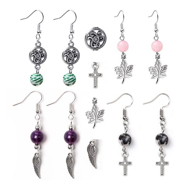 

fashion natural stone beads drop earrings wing cross leaf charm fluorite quartzs danglers for women girl eardrop jewelry, Silver