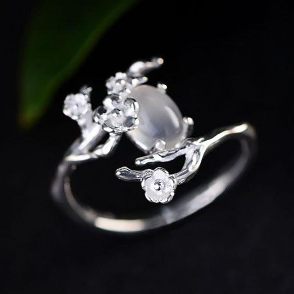 

snew silver original design inlaid moonlight white chalcedony plum opening adjustable women's ring to send a friend gift, Golden;silver