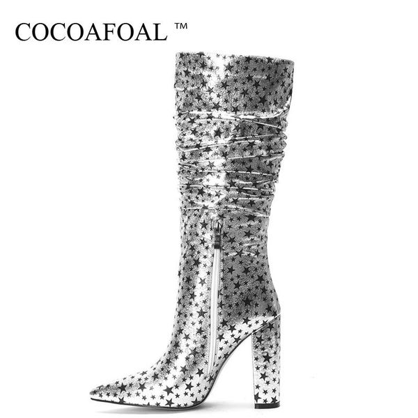 

cocoafoal fold autumn winter women's mid-calf boots woman high heel knee high shoes mid-calf boots pointed toe straight, Black