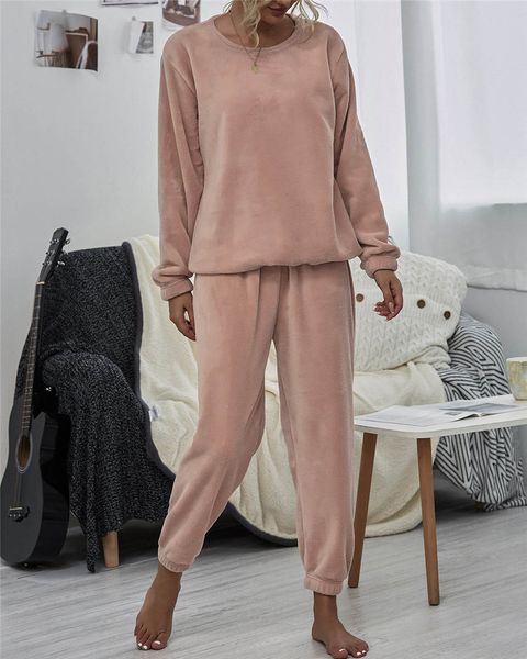 

spring plush womens tracksuit o neck long sleeve solid color women home suits casual female two piece set, Gray