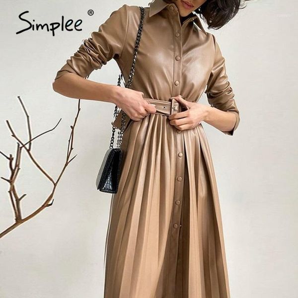 

simplee elegant solid women leather dress office style female kahki pleated midi dress autumn winter ladies blazer dresses 20211, Black;gray