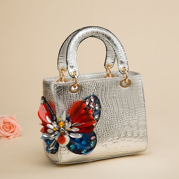 

2020 new diamond-encrusted women's crocodile pattern tote bag butterfly design princess female messenger bag scarf shoulder bags c0121
