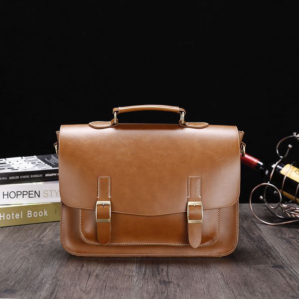 

business office men briefcase designer brand leather tote male large capacity lapshoulder bags vintage travel handbag