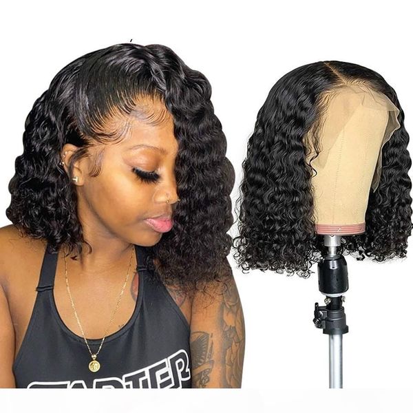 

curly bob lace front human hair wigs with baby hair brazilian remy hair short curly bob wigs for women deep wave lace wig, Black;brown