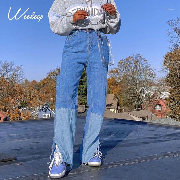 

weekeep tie dye 90s vintage fashion jeans straight pants streetwear high waisted buttons loose denim pants women pocket jean1, Blue