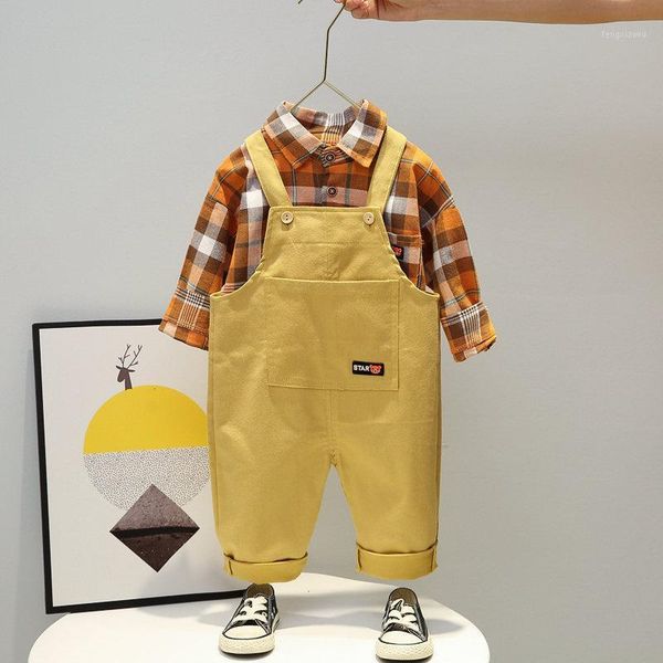 

spring baby boys tracksuit kids long sleeve plaid shirt bib pants overalls 2pcs/set children clothing infant sport formal suit1, White
