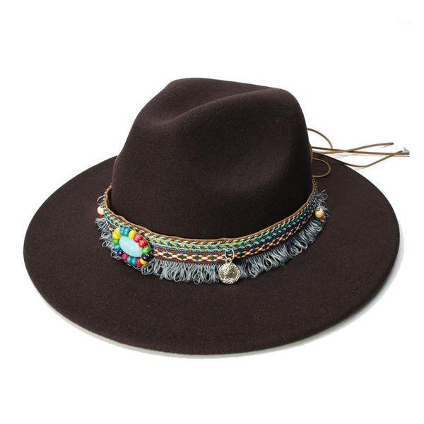 

luckylianji retro kid child vintage 100% wool wide brim cap fedora panama jazz bowler hat tassel turquoise band (54cm/adjusted)1, Blue;gray