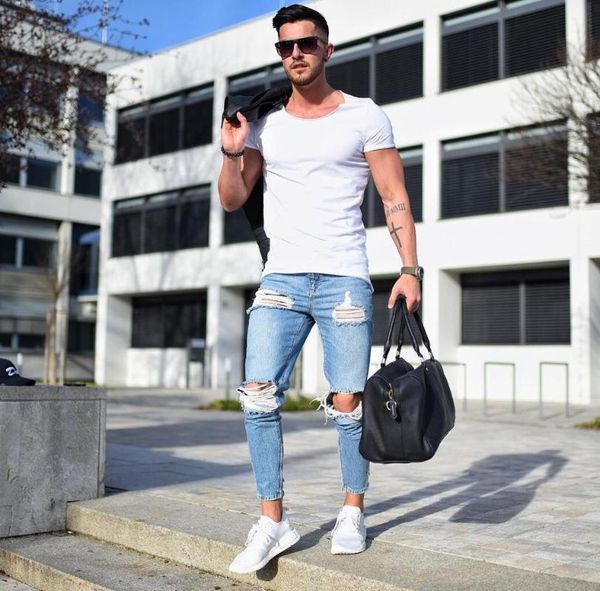 

high street fashion brand ripped jeans men's skinny jeans ripped, Blue