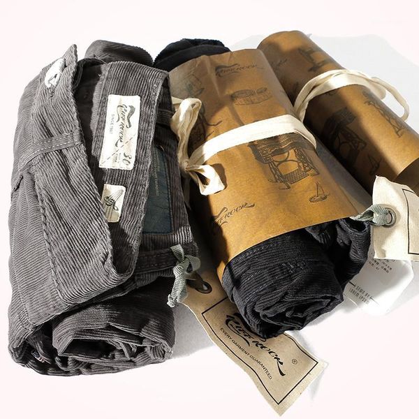 

men's pants 2021 autumn retro corduroy casual men's slim straight 100% cotton washed old business pencil1, Black