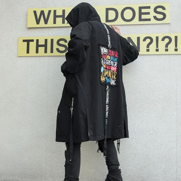 

men ribbon hooded long jacket trench coat male streetwear hip hop gothic loose casual windbreaker jacket overcoat outerwear1, Tan;black