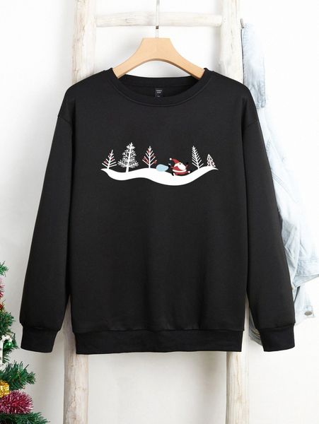 

plus christmas tree & santa claus print thermal pullover u4cy#, Black