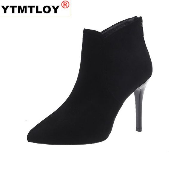

boots 2021 women's high heels suede shoes woman pointed toe side zipper solid color fashion winter, Black