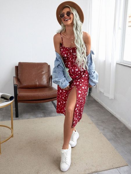 

allover floral print ruched bust slit hem cami dress 318l#, Black;gray