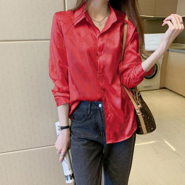 

uicci loose women's chiffon shirts jacquard long sleeve polo collar trend shirt top, White