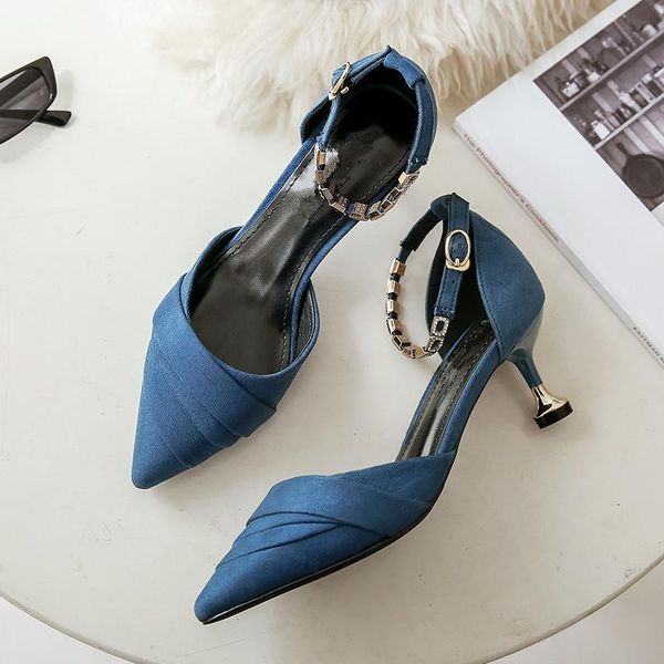 

spring new elegant ladies pumps pointed toe dress high heels ankle strap woman wedding party shoes high 6cm, Black