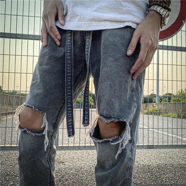 

fog season 6 heavy wash water old knee hole jeans high street float zipper slim jeans, Blue