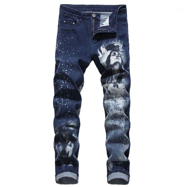 

men 3d print beauty & wolf elasticity biker jeans streetwear hip hop motorcycle skinny joggers denim pants plus size 51 521, Blue