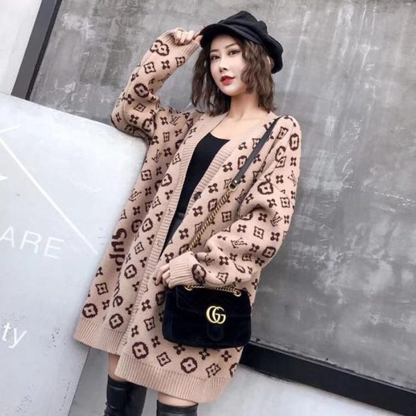 

knitted cardigan thick sweater jacket women's loose middle length autumn winter 2021 new letter jacquard, White;black