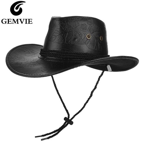 

cloches gemvie classical western cowboy hat for men women pu leather wide brim outdoor sunhat with adjustable lace-up breathable holes