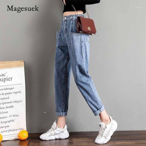 

women's jeans women 2021 autumn high waist fashion loose casual cotton harem denim trousers office lady with multi-pockets 107301, Blue
