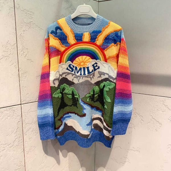 

men's sweater same style of stars in 2021 autumn new color blocking rainbow pattern pullover sweater loose long sleeve round neck, White;black