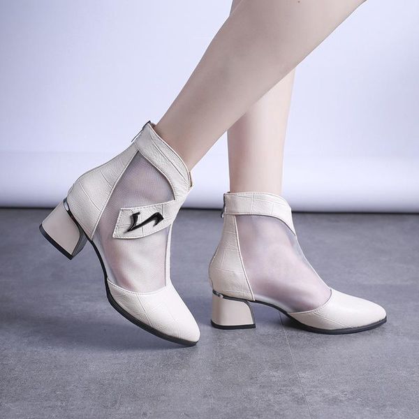 

autumn women ankle boots fashion mesh breathable pointed toe square heels ladies zipper botas casual comfort female shoes, Black