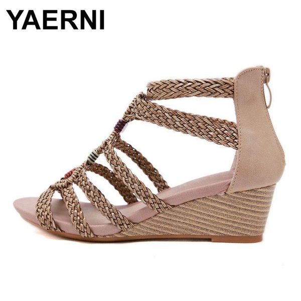 

yaernisiketu mujer sandalias de punta abierta bohemia boho sandalias de tiras cadena cuentas cuÃ±a torcida tacones gladiado, Black