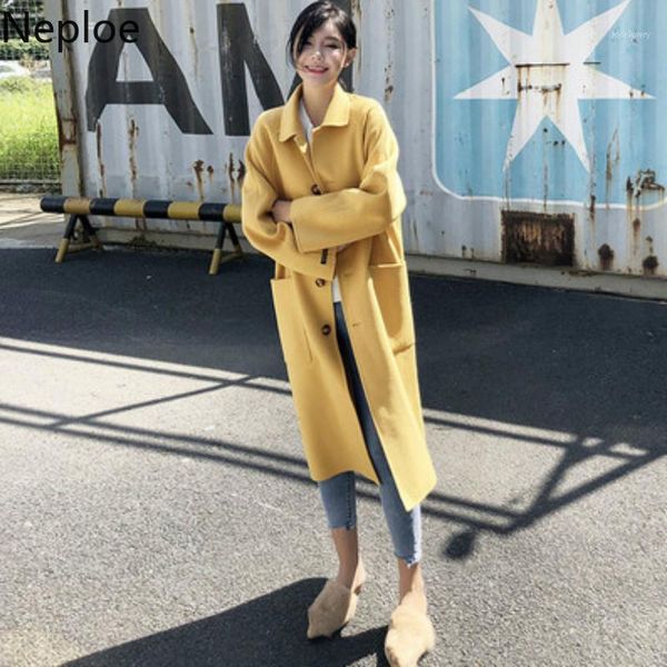 

neploe autumn winter 2019 new mid long student coat women turn don collar straight student abrigos mujer elegant jacket 466101, Black