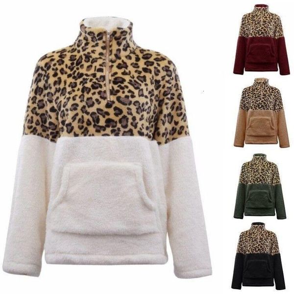 

winter spring warm sweatshirt women leopard print zipper stand collar pullovers streetwear fashion female loose pockets hoodies1, Black
