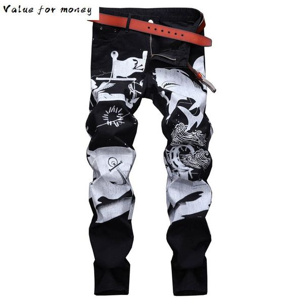 

мода повседневная печать джинсы штаны мужчин slim fit denim брюки jean joggers мужчины hip hop streetwear pant одежда black, Blue