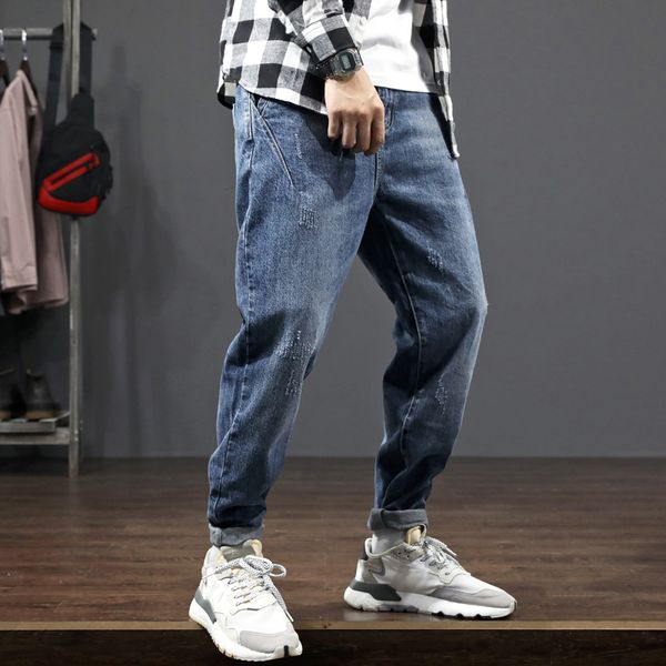 

2021 new japanese fashion fit spliced designer ripped pants streetwear hip hop men vintage wide leg trousers e8q2, Blue