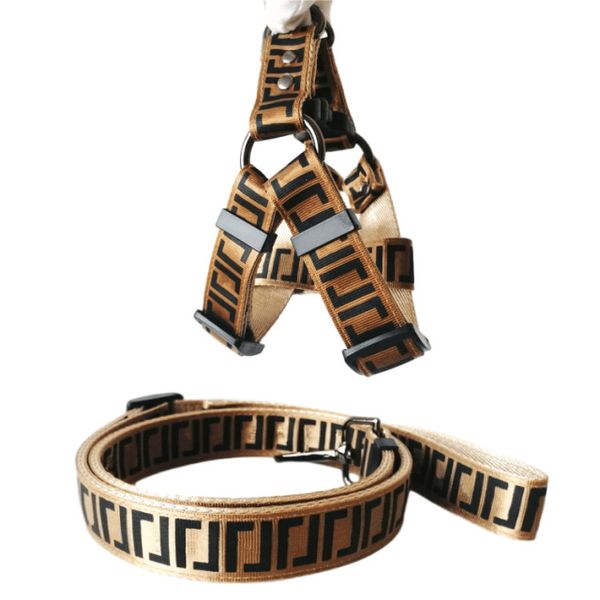 Designer-Hundehalsband-Leinen-Set, klassisches Buchstabenmuster, Hundegeschirr, Leine, Sicherheitsgurte, luxuriöse Haustierhalsbänder und für kleine, mittelgroße und große Hunde, Bulldogge, Pudel, Corgi, Braun B34