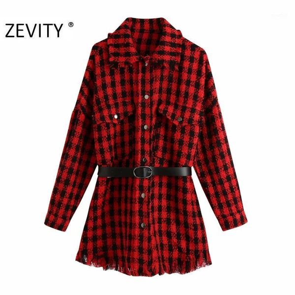 

zevity women vintage plaid print sashes tweed woolen shirt coat femme long sleeve pocket hem tassel chic jacket brand ct5921, Black;brown