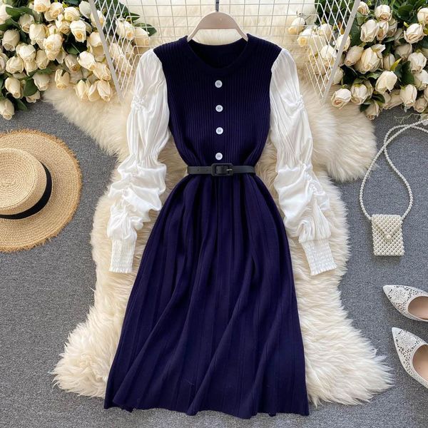 

casual dresses ftlzz autumn winter office lady button long sleeve dress elegant female puff patchwork knitting with belt, Black;gray