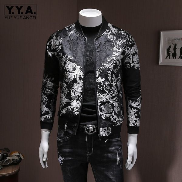 

fashion mens floral embroidery bomber jacket casual slim fit streetwear coat stand collar spring vintage jacket plus size 5xl t200502, Black;brown