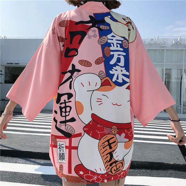 

ethnic clothing women harajuku cardigan lucky cat print japanese kimono summer beach casual outerwear female anime clothes jacket, Red