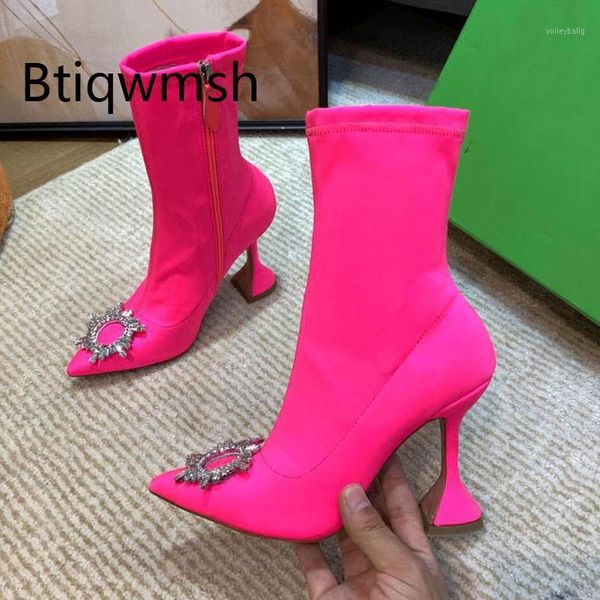 

2021 rose pink stretch sock boots women pointed toe rhinestone sun flower strange high heel shoes1, Black