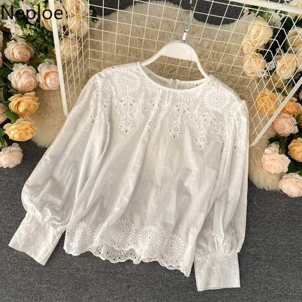 

neploe embroidery hollow out blouse women 2020 spring solid o neck long sleeve ladies blusa shirts fashion casual female 1, White