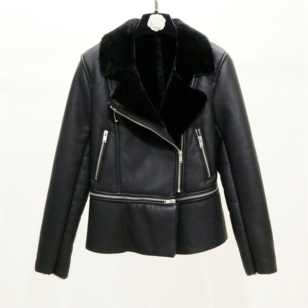 

zcwxm new winter women sheepskin coats thicken faux leather lamb fur jackets motorcycle zipper hem detachable outerwear 201223, Black