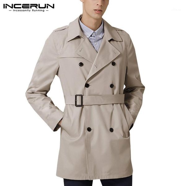 

incerun double breasted men overcoats long sleeve solid trench england casual wild belted lapel vintage pockets mens windbreaker1, Tan;black