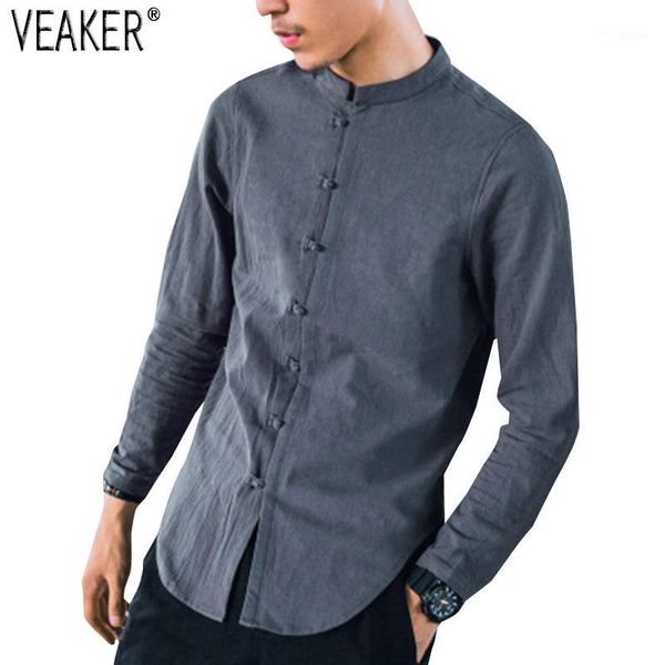 

2018 autumn new men's solid linen shirt chinese style mandarin collar male long sleeve slim fit linen shirt plus size -5xl1, White;black