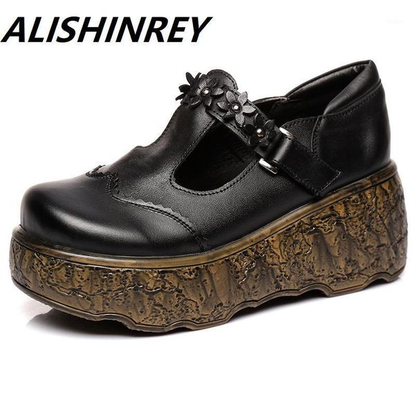 

alishinrey 2020 new autumn retro flower genuine leather shoes women high heel shoes non-slip platform wedges fashion1, Black
